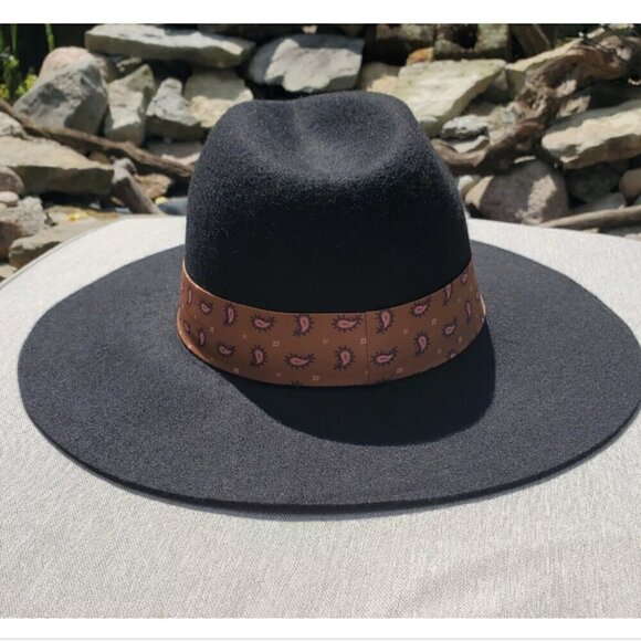 Black BOHO Wide Brim Fedora adjustable One Size Hat with Scarf Band - Picture 3 of 5